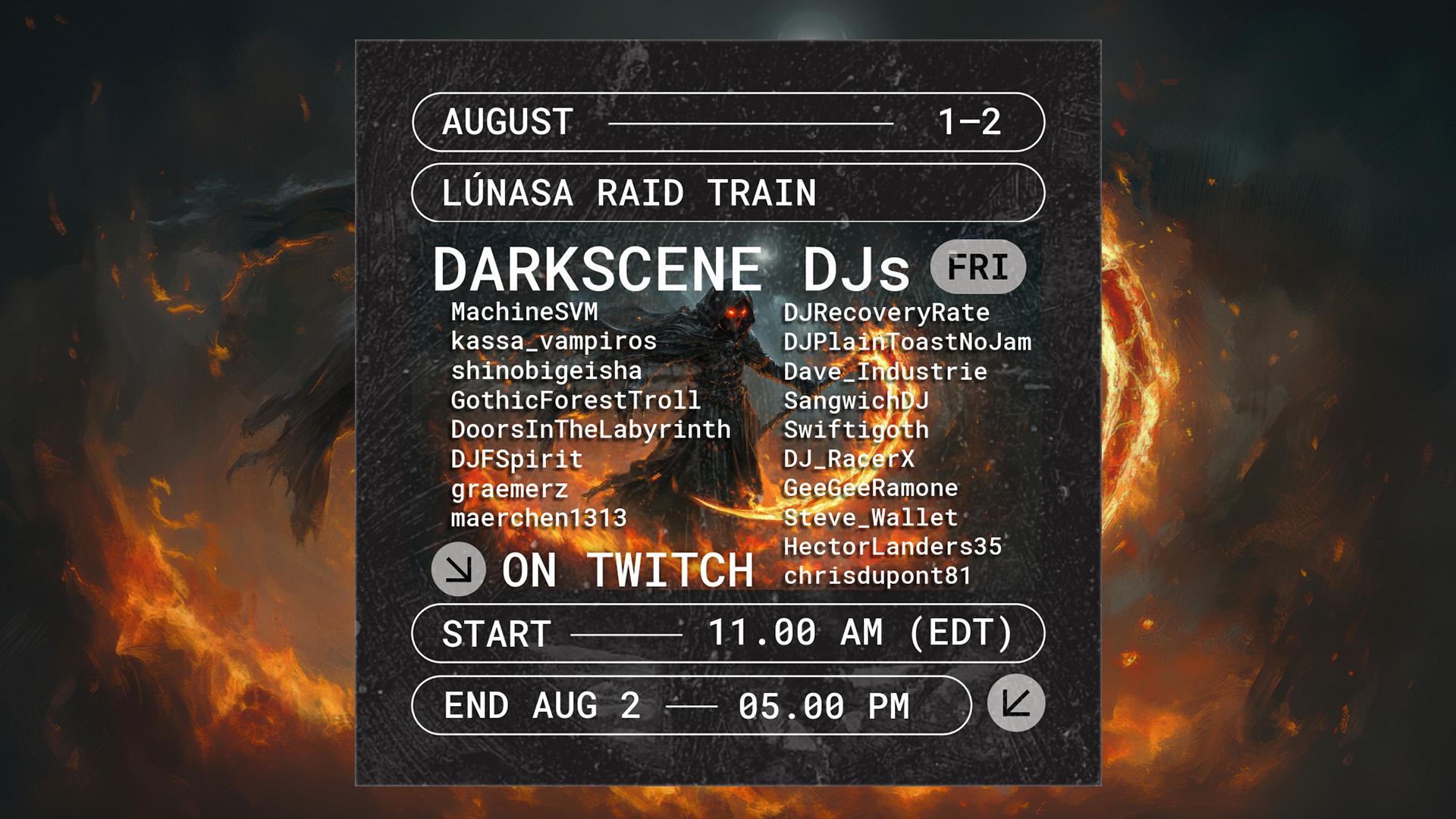 Flyer for Lúnasa Raid Train on Twitch